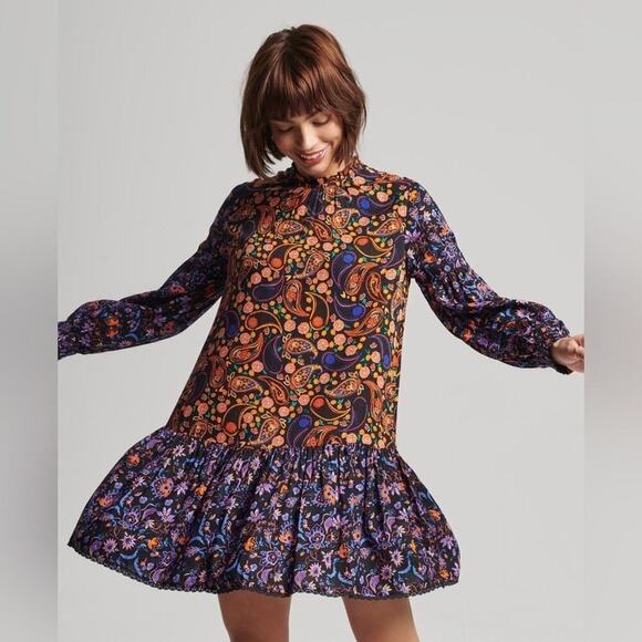 Superdry High Neck Mini Dress Multi Paisley Print floral size 6 Ruffle - Picture 2 of 8